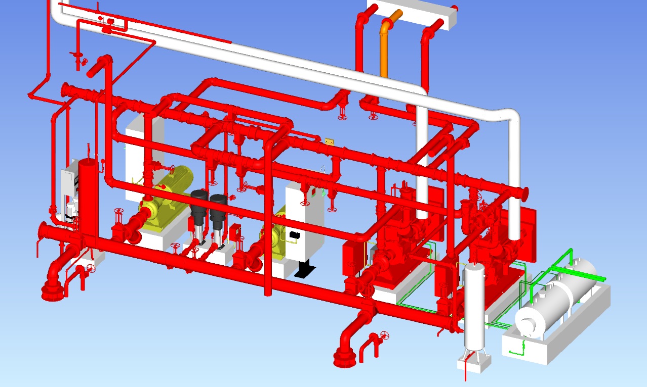 We provided a detailed 3D BIM model of a fully functional fire pump room in compliance with NFPA standards. The scope included accurate placement of fire pumps (electric/diesel), jockey pump, controllers, pipework, valves, fittings, and necessary clearances for maintenance and operation. The model ensures spatial coordination with architectural and structural elements, supporting seamless integration into the overall building design. This deliverable is ideal for construction-ready documentation, clash detection, and facility management.
