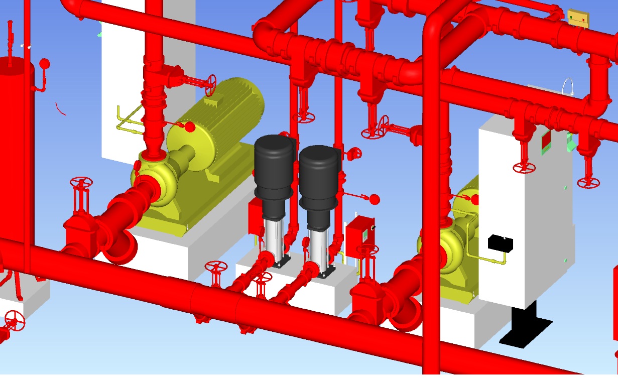 We provided a detailed 3D BIM model of a fully functional fire pump room in compliance with NFPA standards. The scope included accurate placement of fire pumps (electric/diesel), jockey pump, controllers, pipework, valves, fittings, and necessary clearances for maintenance and operation. The model ensures spatial coordination with architectural and structural elements, supporting seamless integration into the overall building design. This deliverable is ideal for construction-ready documentation, clash detection, and facility management.