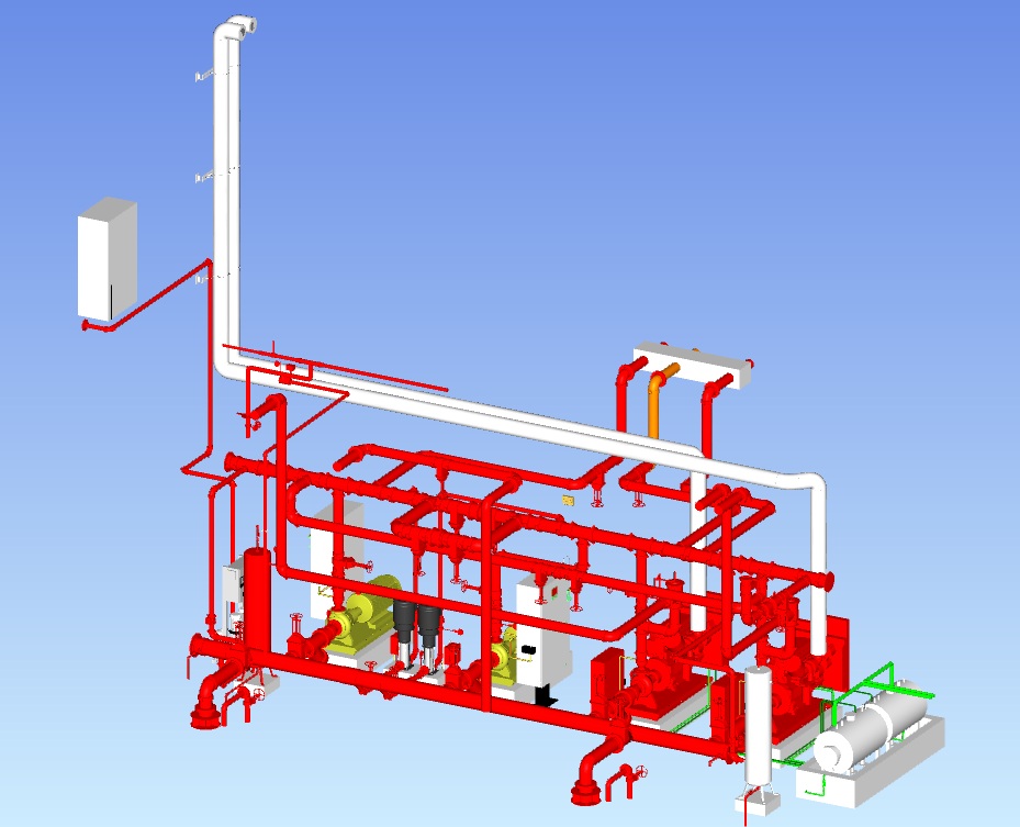 We provided a detailed 3D BIM model of a fully functional fire pump room in compliance with NFPA standards. The scope included accurate placement of fire pumps (electric/diesel), jockey pump, controllers, pipework, valves, fittings, and necessary clearances for maintenance and operation. The model ensures spatial coordination with architectural and structural elements, supporting seamless integration into the overall building design. This deliverable is ideal for construction-ready documentation, clash detection, and facility management.